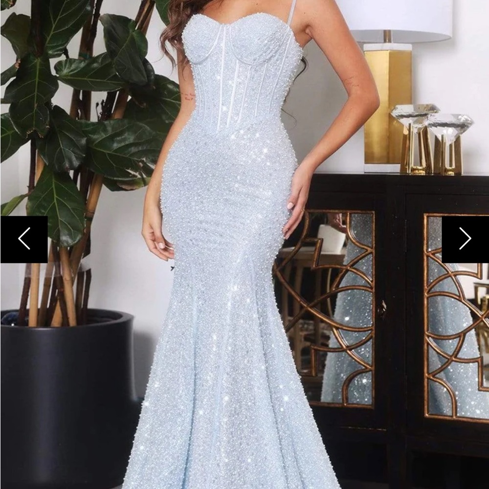 Portia and Scarlett Blue Sequin Gown Sweetheart Neckline
